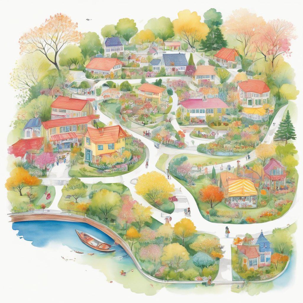 A whimsical, colorful map showcasing various radiant areas in a neighborhood, including parks, cafes, and art spots, surrounded by blooming flowers and cheerful people enjoying their surroundings. Incorporate bright, inviting colors and playful illustrations of the community gathering in these delightful spaces. The map should have a vintage feel with hand-drawn elements. watercolor illustration. vibrant colors. white background.