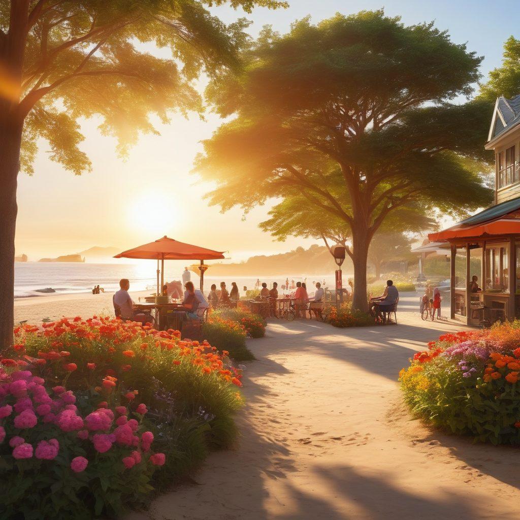 A vibrant landscape capturing diverse locales of joy, showcasing a sunlit park filled with smiling families, a cozy coffee shop with friends laughing, and a serene beach at sunset with people enjoying their moments. Include colorful flowers, playful children, and bright sunshine illuminating the scene. super-realistic. vibrant colors. cheerful atmosphere. dynamic composition.
